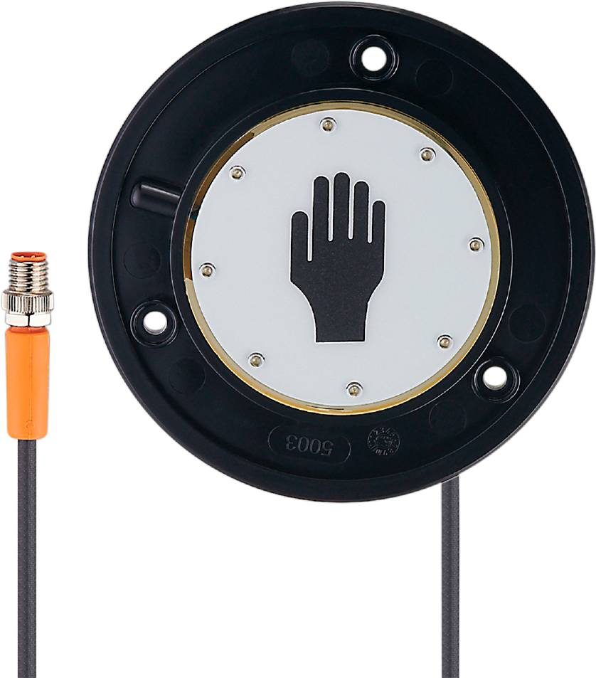 Ein rundes Sensorgerät mit einer schwarzen Handgrafik in der Mitte, verbunden mit einem orangefarbenen Kabel und Stecker.