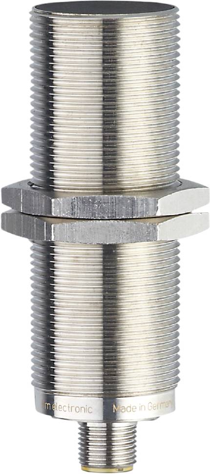 Eine silberne Metallmutter auf einem Gewindebolzen, im Profil gezeigt.