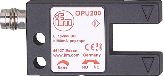 Ein elektronisches Gerät mit der Aufschrift 'OPU200' von ifm. Technische Spezifikationen und Herstellerinformationen abgebildet.