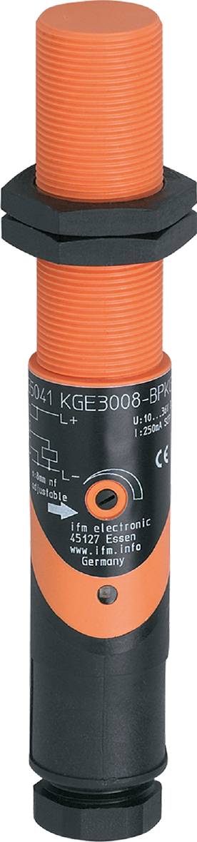 Zylindrischer Sensor mit orangenem Gehäuse und schwarzem Aufdruck, zeigt technische Spezifikationen und Schaltplanskizze.