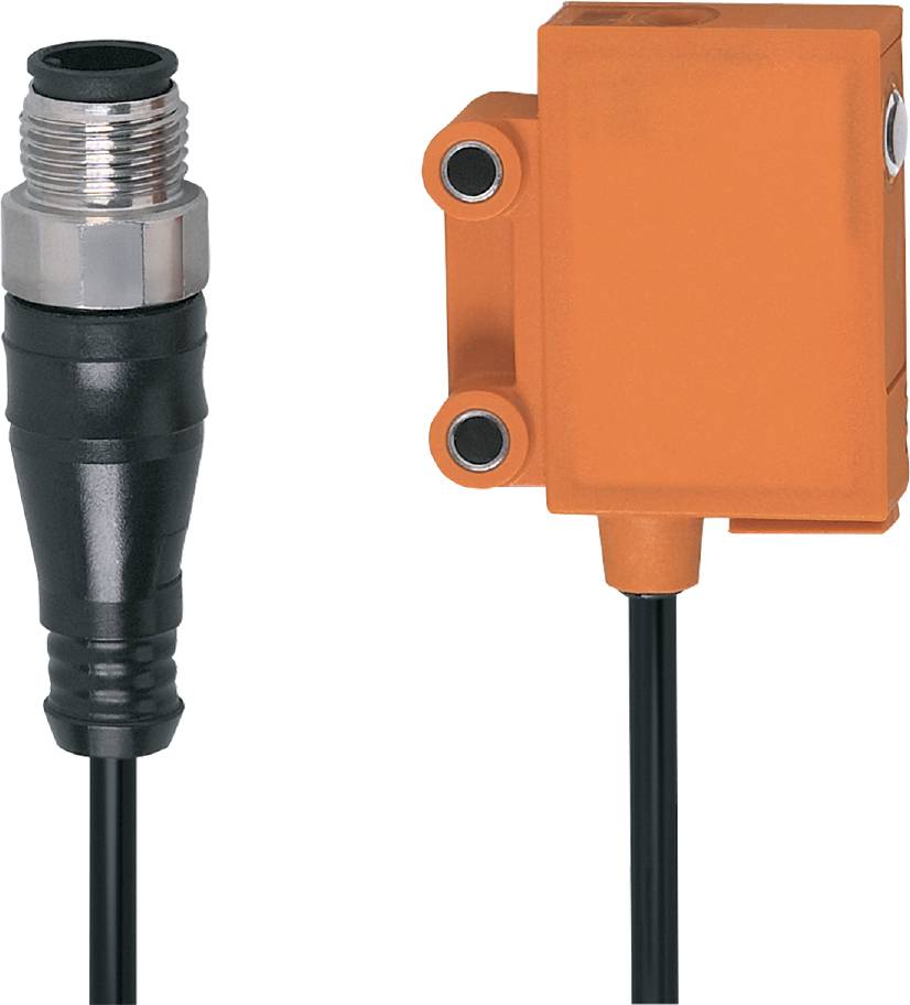 Ein orangefarbener Sensor mit Kabel und Stecker verbindet Maschinen, überwacht Funktionen und meldet Zustände zur Steuerung.