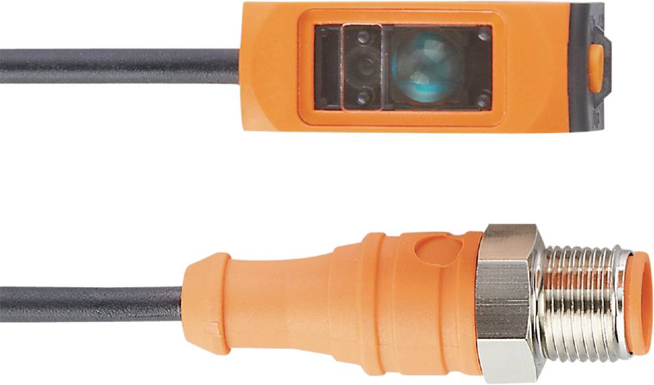 Ein orangefarbener Sensorstecker mit Kabel, das an ein elektronisches Gerät angeschlossen werden kann, vor einem weißen Hintergrund.