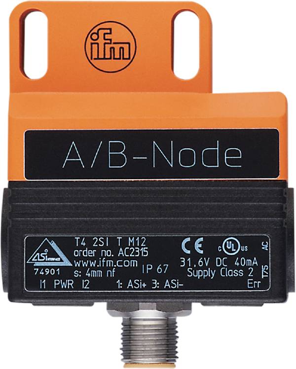 Oranger und schwarzer Sensor von ifm mit der Aufschrift 'A/B-Node', technische Spezifikationen und Zertifizierungen darunter.