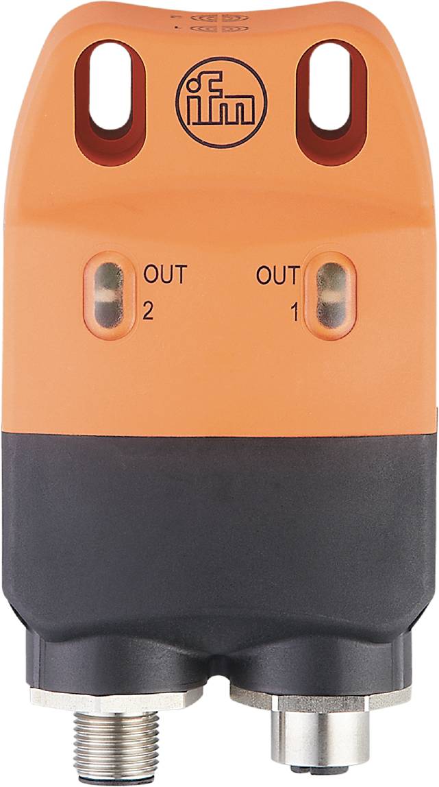 Ein orange-schwarzes elektronisches Gerät mit zwei ovalen Ausgängen, beschriftet mit 'OUT 2' und 'OUT 1'.