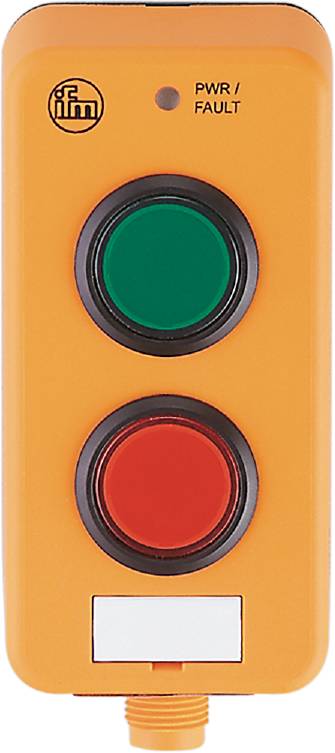 Zwei runde Tasten: oben grün und unten rot, montiert auf einer vertikalen Platte. Signalisieren Start und Stopp.