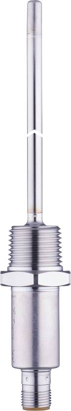 Das Bild zeigt ein Metallthermometer mit Gewindeanschluss. Es hat einen schlanken, zylindrischen Messfühler oben.