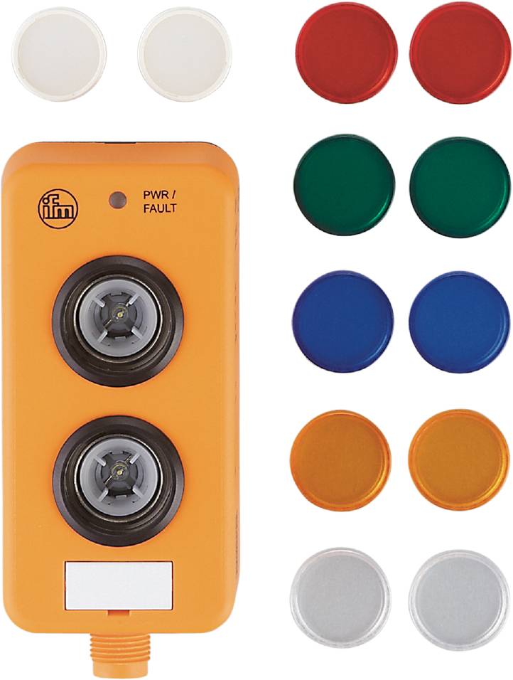 Das Bild zeigt einen orangefarbenen Knopf mit zwei grauen Tasten und LED-Anzeige. Daneben sind runde farbige Kappen in Rot, Grün, Blau, Orange, Silber und Weiß.