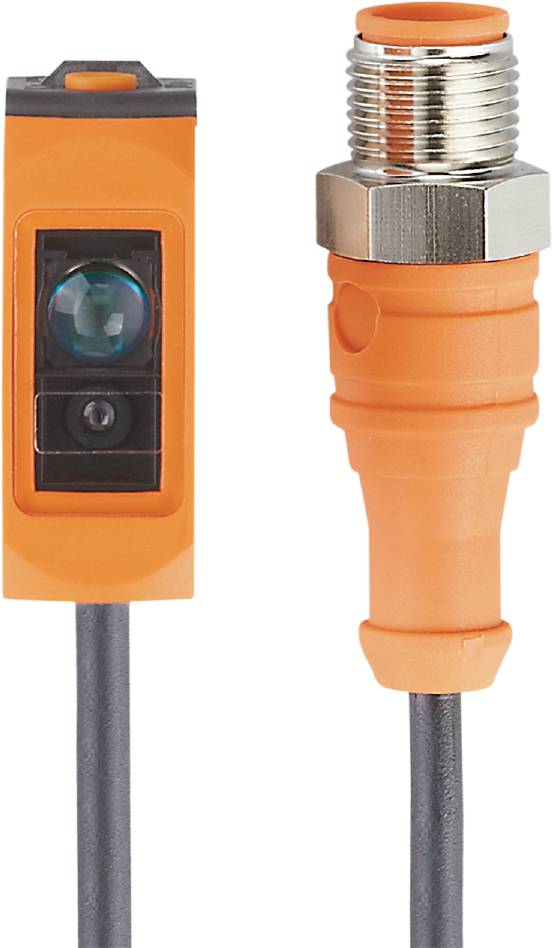 Ein orangefarbener Sensor mit schwarzer Linse und Kabelanschluss. Er wird zur Objekterkennung in automatisierten Systemen verwendet.