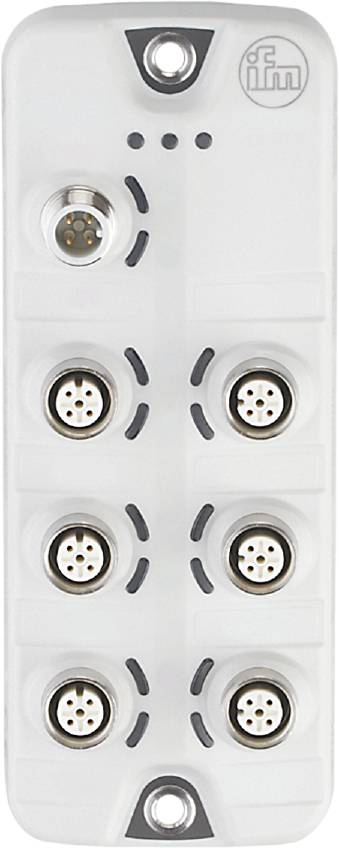 Sechs runde Anschlüsse auf weißem Hintergrund, in zwei vertikalen Reihen angeordnet, möglicherweise Teil eines technischen Geräts.