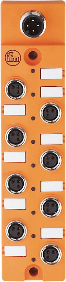 Nahaufnahme eines orangefarbenen technischen Anschlusses mit mehreren runden Steckbuchsen und rechteckigen Kontaktelementen.