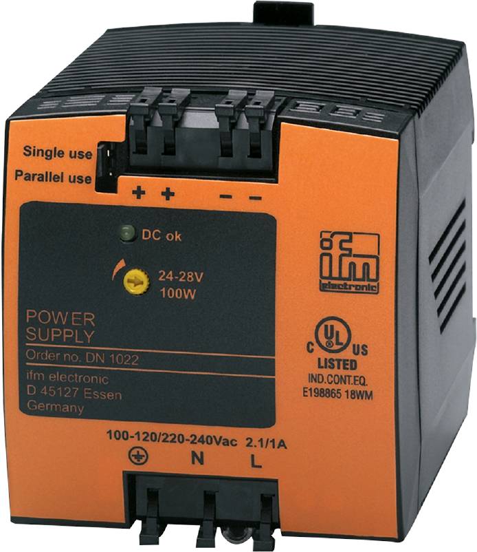 Netzteil von 'ifm electronic', Modell DN 1022, mit technischen Spezifikationen: Eingangsspannung 100-120/220-240Vac, Ausgang 24-28V, 100W.