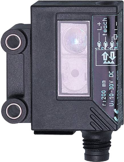 Ein rechteckiger Sensor mit Anschlüssen. Auf der Vorderseite sind Symbole und technische Angaben zu Spannung und Erfassungsbereich.