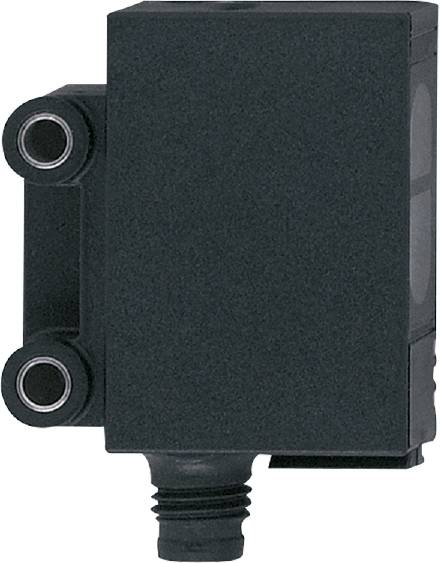 Ein schwarzes elektrooptisches Gerät mit runden Steckern, vermutlich ein Sensor, für industrielle Anwendungen.