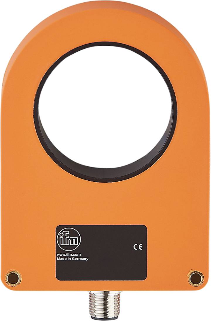 Ein orangefarbener Sensor mit rundem Sichtfenster, auf dem eine schwarze Plakette mit den Aufdrucken 'ifm', 'www.ifm.com' und 'Made in Germany' zu sehen ist.