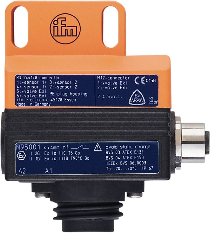 Oranger Sensor mit schwarzem Gehäuse und blauer Beschriftung. Technische Details und Anschlussinformationen sind aufgedruckt.