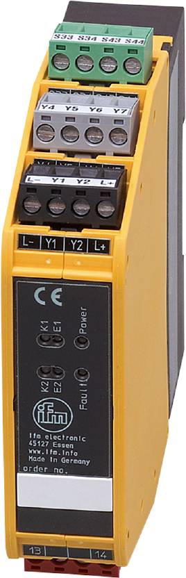 Gelbes elektrisches Gerät mit Anschlussklemmen und Beschriftung 'L-', 'Y1', 'Y2', 'L+'. Beschriftung 'CE' und 'Power'.