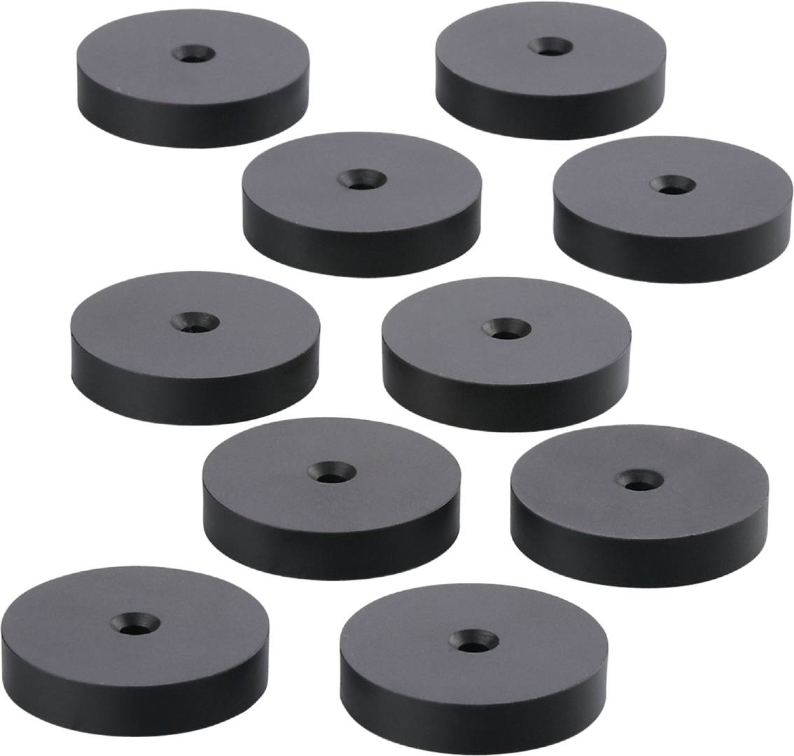 Zehn schwarze, runde Gummiteller mit glatten Oberflächen, in unregelmäßiger Anordnung auf einem weißen Hintergrund.