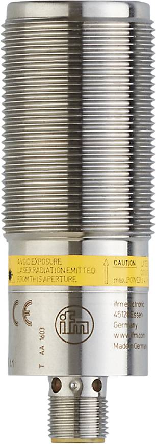 Zylindrisches Objekt aus Metall mit gelbem Warnhinweis: 'Vorsicht bei Laserstrahlung. Max. Leistung 5 mW.'