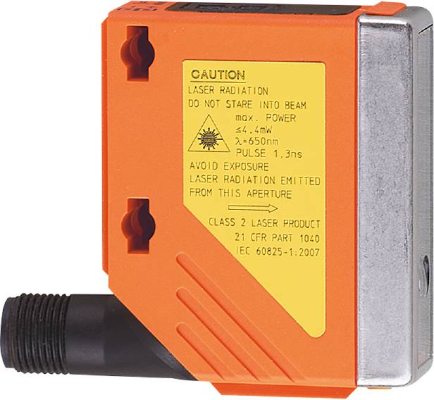 Sensor mit Warnetikett: Laserstrahlung. Nicht in den Strahl blicken. Wellenlänge: 650nm. Max. Leistung: 1mW. Klasse 2 Laserprodukt.