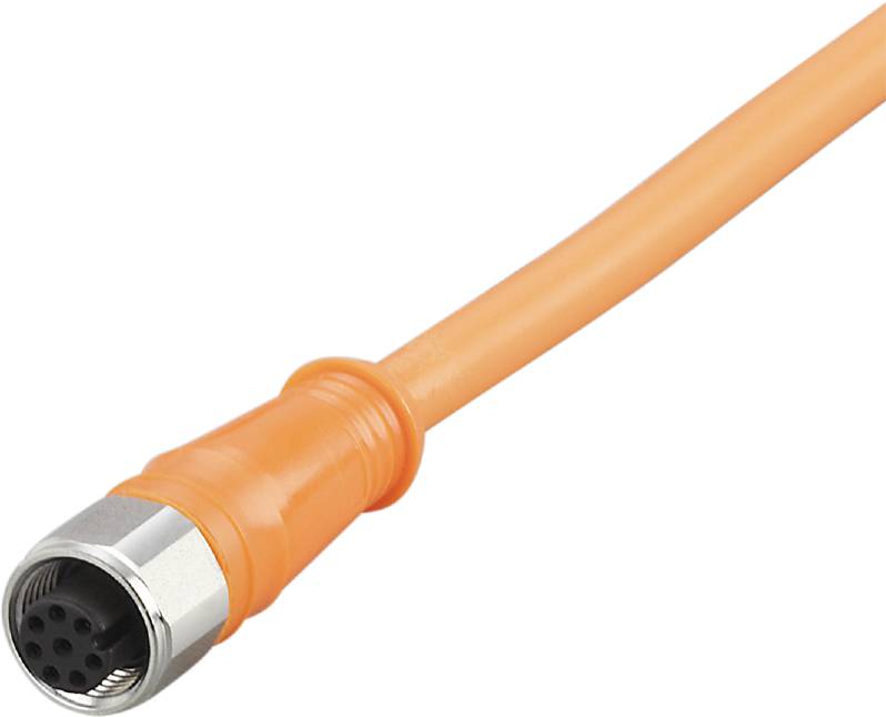 Ein orangefarbenes Verbindungskabel mit einem runden Steckerende, geeignet für elektronische Geräte oder industrielle Anwendungen.