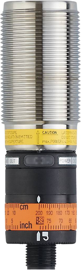 Close-up eines Laserkennzeichens mit Warnhinweisen, Leistungsangabe 4.0 mW. Das Gerät hat ein Edelstahlgehäuse mit Schaltern für Ein und Aus.