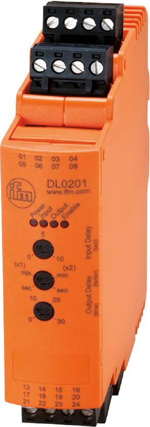 Orangefarbenes elektronisches Gerät mit der Aufschrift 'DL0201'. Anzeige zur Steuerung von Eingangs- und Ausgangssignalen.