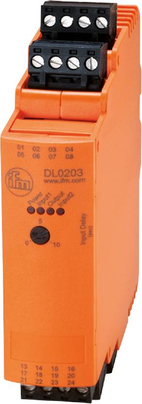 Orangefarbener elektronischer Sensor mit der Aufschrift 'DL0203', mehreren Anschlusspunkten und einem Drehregler für 'Input Delay'.