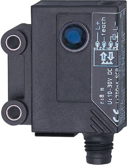 Sensor mit Linse und elektrischen Anschlüssen, geeignet für eine Spannung von 10-30 V DC. Optische Symbole und CE-Kennzeichnung sichtbar.