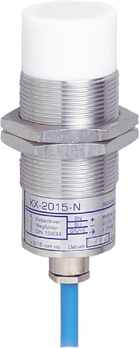 Zylindrischer Sensor mit aufgedruckter Modellnummer 'KX-2015-N', zeigt technische Details, geeignet für industrielle Anwendungen.