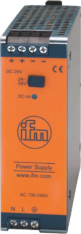 Ein orangefarbenes Gerät mit 'ifm' Logo, Schalter für 24-28V, und LED-Anzeige 'DC ok', was auf eine funktionierende Stromversorgung hinweist.