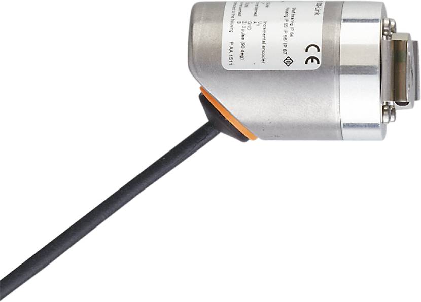 Ein zylindrischer, metallischer Sensor mit Kabel, geeignet für industrielle Anwendungen. CE-Kennzeichnung sichtbar auf der Seite.