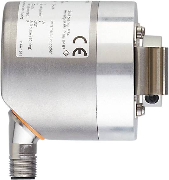 Ein elektrischer Encoder mit Metallgehäuse, seitlicher Montagehalterung und einem Etikett mit technischen Spezifikationen und Zertifizierungszeichen.