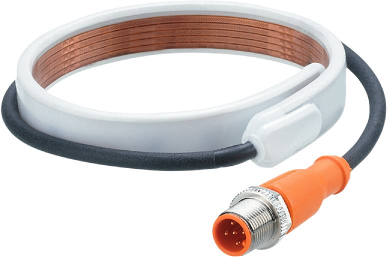 Ein orangefarbener, mehrpoliger Steckverbinder mit einem weißen Kunststoffkabel, das um eine ringförmige Komponente gewickelt ist.