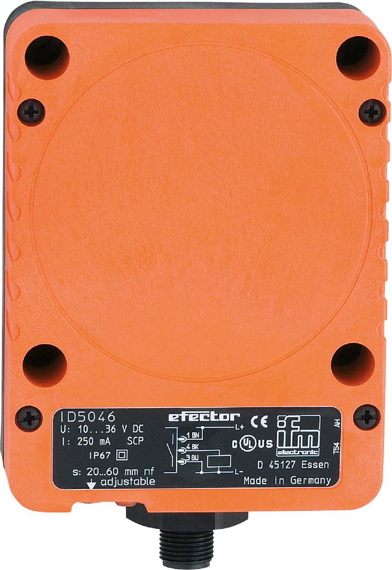 Orangefarbenes elektronisches Gerät von ifm mit technischen Daten: IP 67, 10-36 V DC, 250 mA. Hergestellt in Deutschland.