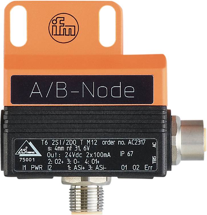 Industrieller Sensor von ifm. Modell: A/B-Node, Typ: AS-i, Spannung: 24V, Schutzart: IP67. Verwendung: Überwachung und Steuerung.