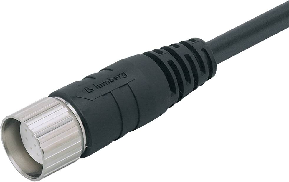 Ein schwarzer Stecker von 'lumberg', mit Rillenmuster und metallischem Anschluss, zeigt Detail in der elektrischen Verbindungstechnik.