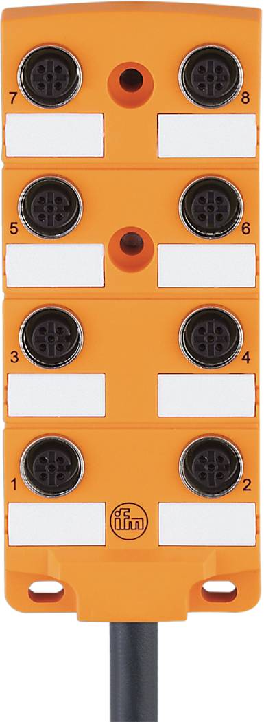 Ein orangefarbenes Modul mit vier runden Anschlüssen, nummeriert von 1 bis 4, und einem kleinen zentralen Loch oben.