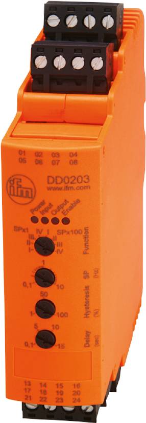 Orange elektronisches Gerät von ifm mit Modellnummer DD0203, zeigt Bedienelemente für Power, Input, Output und Function.