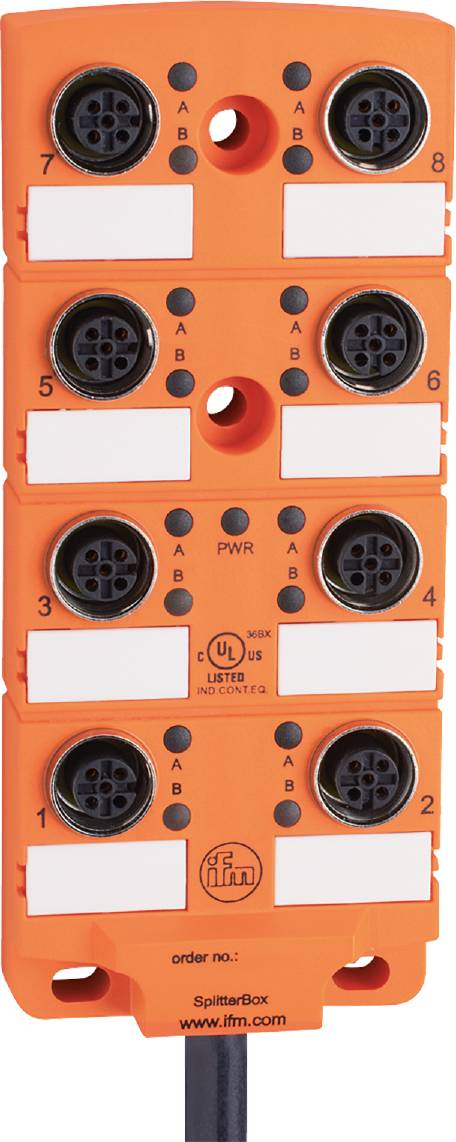 'Elektronisches Gerät mit acht runden Steckplätzen, nummeriert von 1 bis 6. Mittig ein 'PWR' Knopf und UL-Zertifizierungssiegel.'
