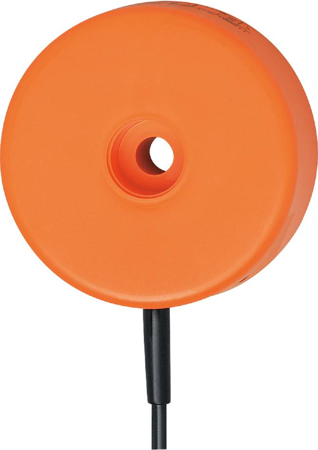 Rundes, oranges Sensorgerät mit zentralem Loch und schwarzem Kabel, möglicherweise ein Näherungssensor für technische Anwendungen.