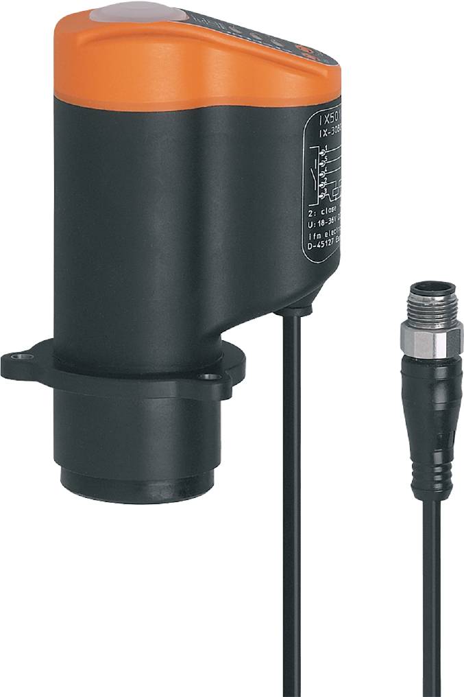 Industriesensor mit Anschlusskabel und Stecker, eingesetzt zur Überwachung und Steuerung industrieller Prozesse.