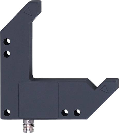 Ein rechteckiger schwarzer Geräteteil mit sechs Bohrungen und Pfeilen in den Ecken, vermutlich zur Befestigung oder Justierung.