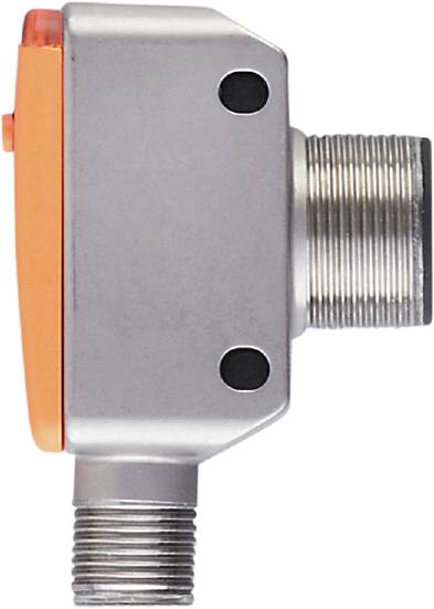 Das Bild zeigt einen silbernen metallischen Sensor mit einem orangenen Vorderteil. Er hat zwei Gewindeanschlüsse an der Seite.