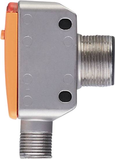 Seitliche Ansicht eines mechanischen Sensors mit orangenem Gehäuse und metallischem Gewindeanschluss.