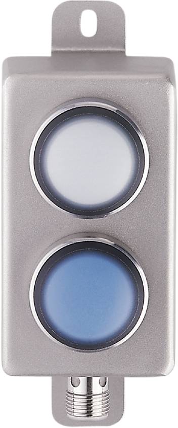 Zwei runde Knöpfe, übereinander angeordnet; der obere ist weiß, der untere blau. Sie befinden sich auf einer silbernen Oberfläche.