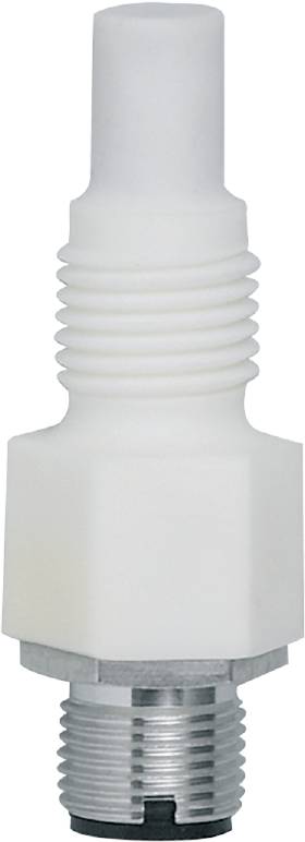 Weißes, geriffeltes Kunststoffbauteil mit einem breiten unteren Rand; könnte Teil einer Maschinen- oder Rohrverbindung sein.