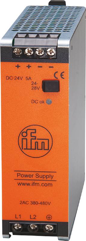 Oranges elektronisches Gerät mit Logo und schwarzem Schalter. Beschriftung zeigt 'DC 24V 5A' und 'DC ok' an.