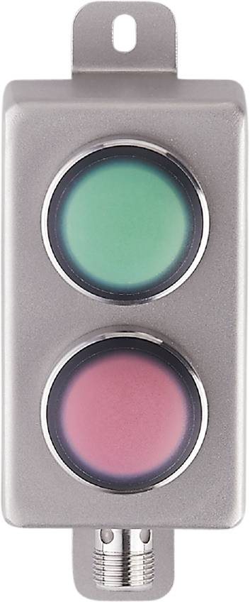 Eine Nahaufnahme einer zweifarbigen Ampel. Die obere Anzeige leuchtet grün, die untere rot.