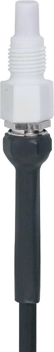 Ein schwarz-weißer Pfandflaschenverschluss auf einem Stiel; er dient zur Erkennung durch Pfandrückgabegeräte.