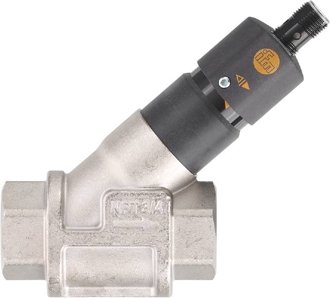 Industriesensor montiert auf einem metallischen Rohrarmatur, mit Markennamen sichtbar. Geeignet zur Durchfluss- oder Druckmessung.